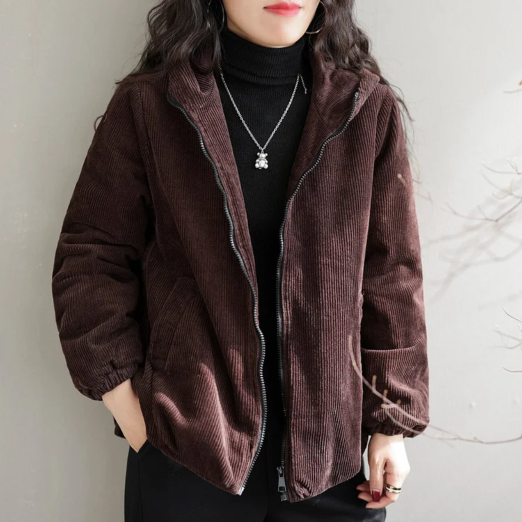Winter Casual Fashion Cotton Corduroy Hooded Jacket