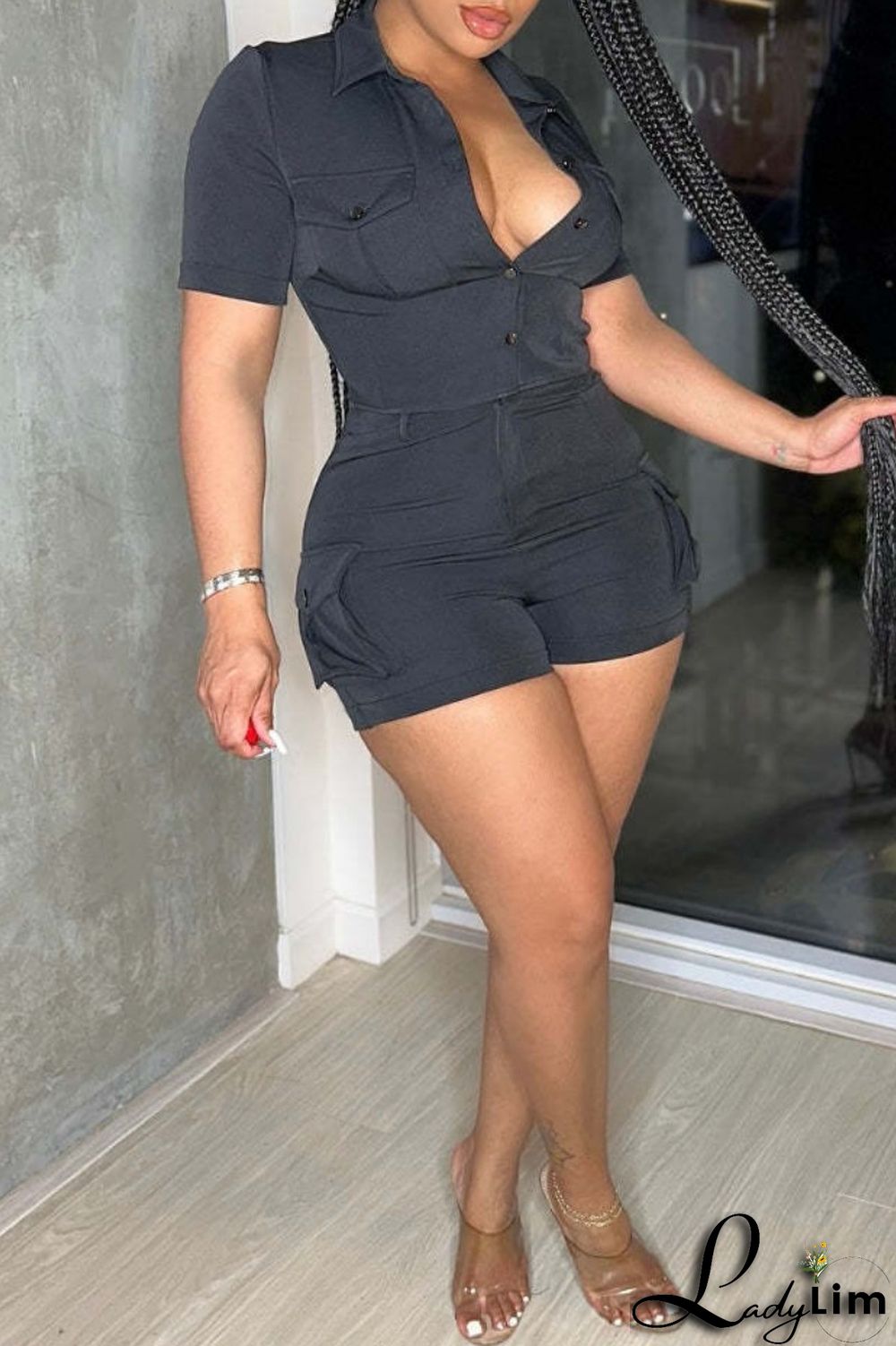 Red Casual Solid Patchwork Turndown Collar Short Sleeve Two Pieces