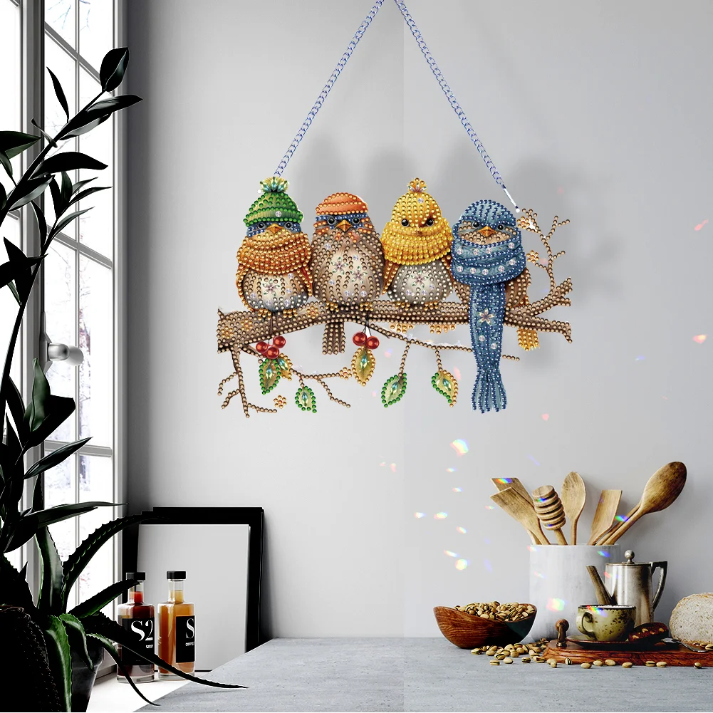 DIY Birds on Branch Acrylic Single-Sided Diamond Painting Hanging Pendant