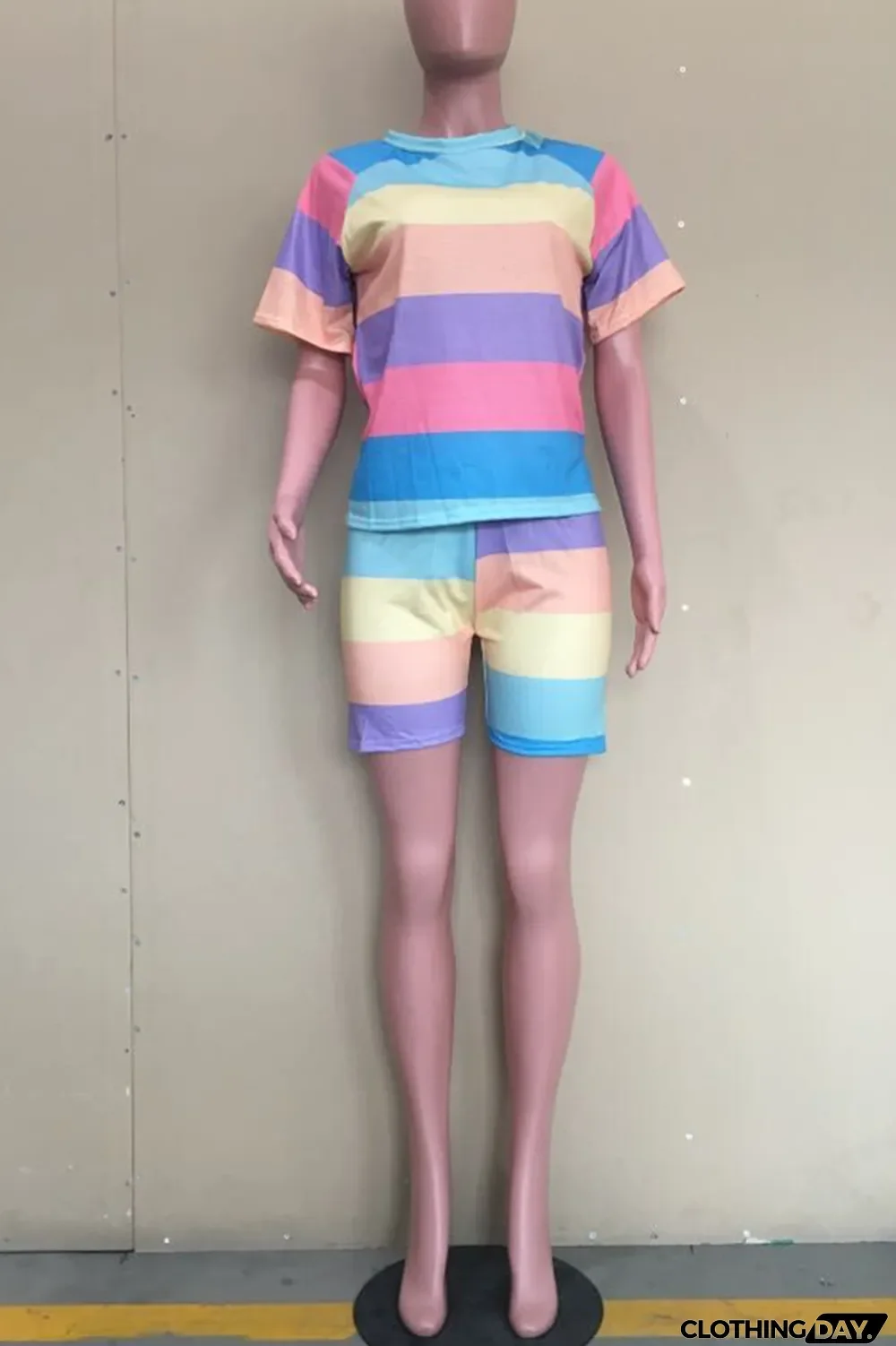 Colour Casual Striped Split Joint O Neck Short Sleeve Two Pieces