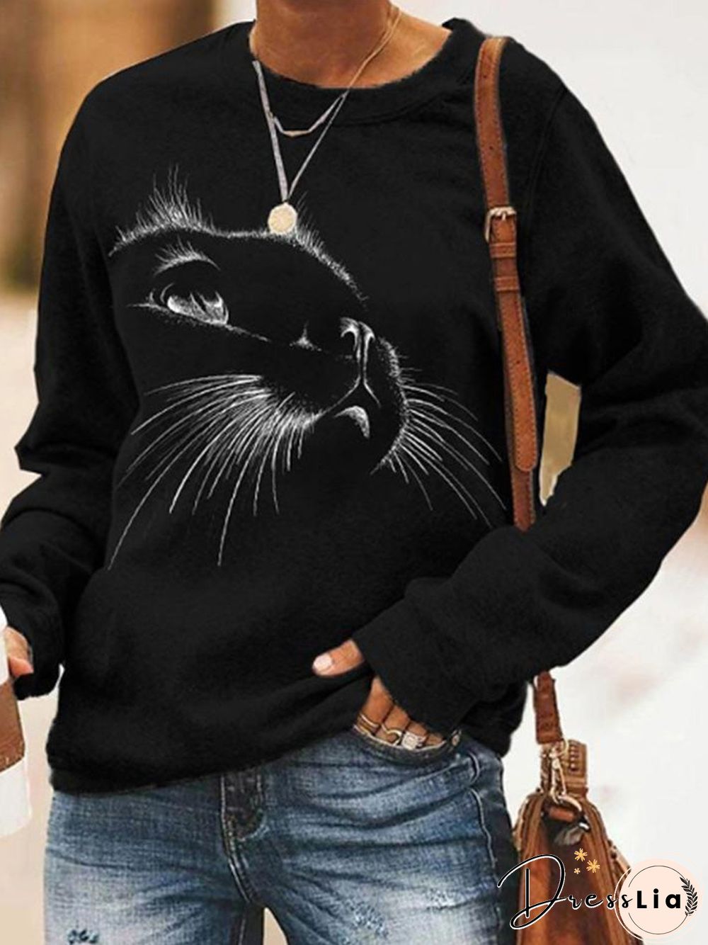 Women'S T-Shirts Casual Cat Print Long Sleeve T-Shirt