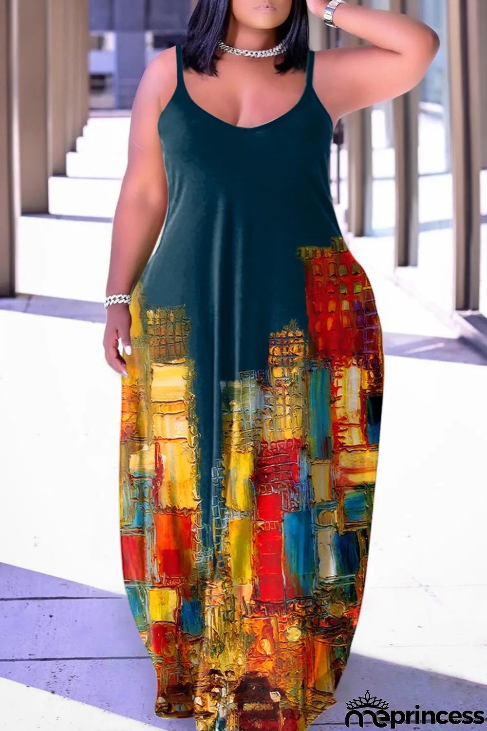 Yellow Sexy Casual Print Backless Spaghetti Strap Long Dress Dresses