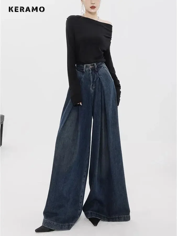 Nncharge Retro High Waist Y2K Oversized Jeans Pants For Women Casual Baggy Wide Leg Grunge Streetwear Blue Denim Trouser