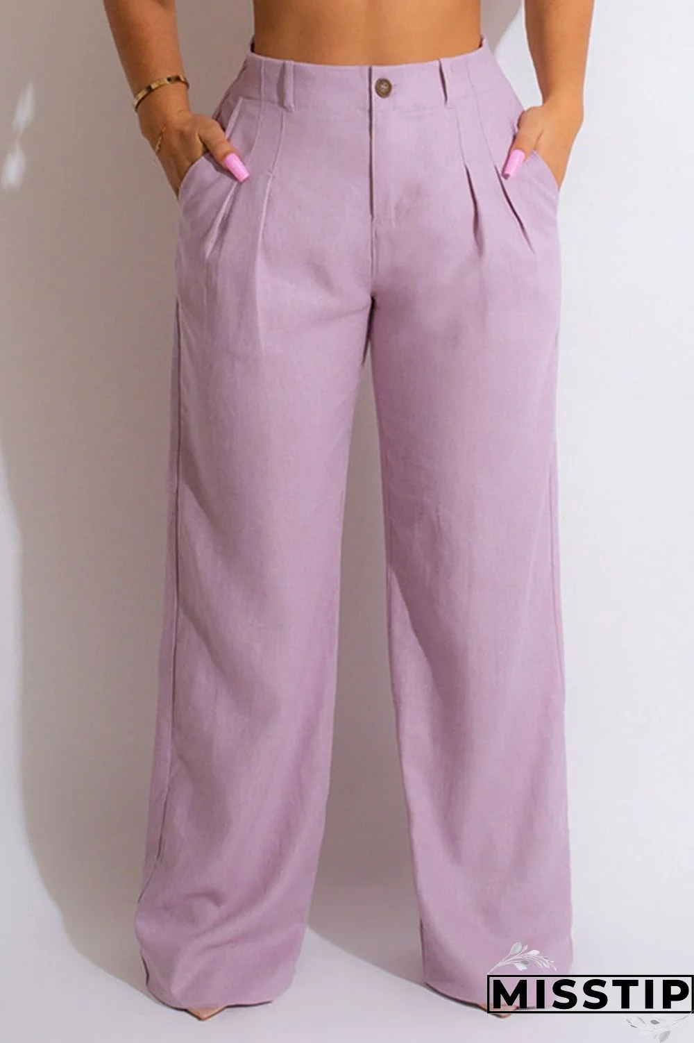 Purple Casual Solid Patchwork High Waist Straight Solid Color Bottoms