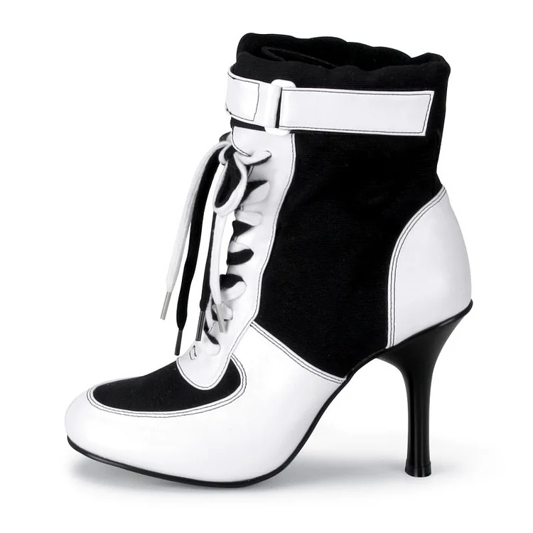 Harley Quinn Lace up Boots Black and White Ankle Booties for Halloween |FSJ Shoes