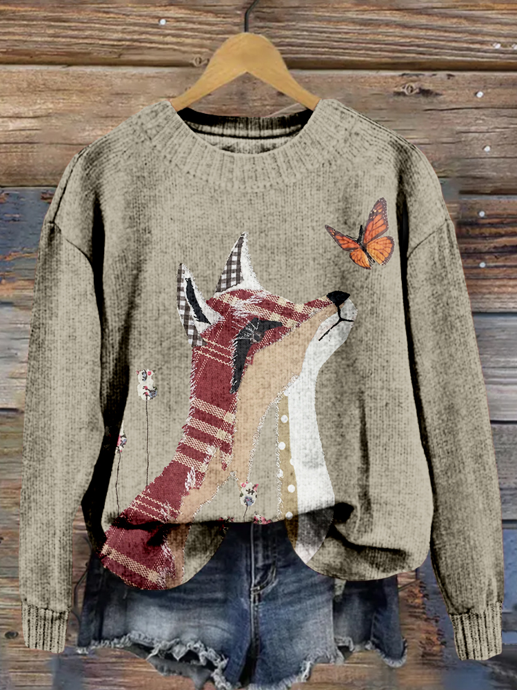 Plaid Collage Fox & Butterfly Cozy Knit Sweater artswardrobe