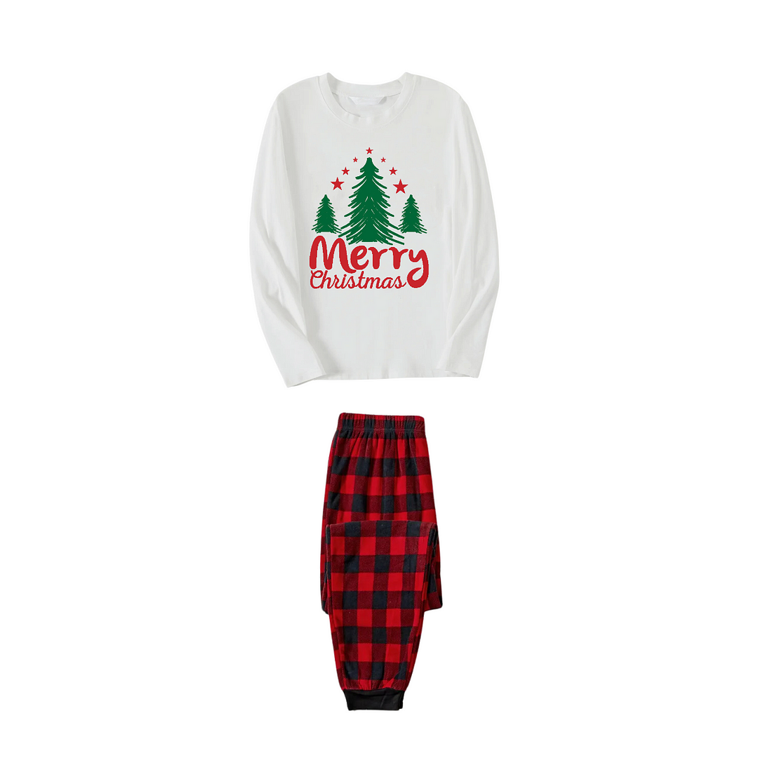 Merry Christmas Letter & Tree Printed Pattern White Long Sleeve Top And Red & Black Plaid Pants Family Matching Pajamas