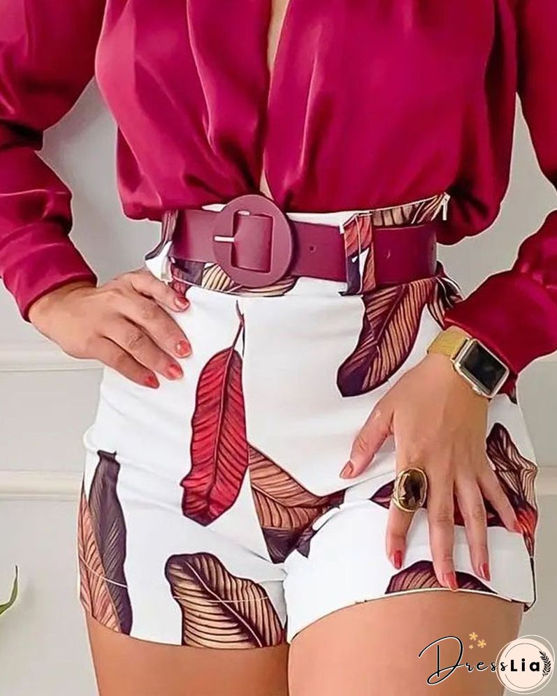 Spring Women's Casual Suit V-Neck Long Sleeve Solid Color Shirt Top Printed Shorts Two-Piece Set