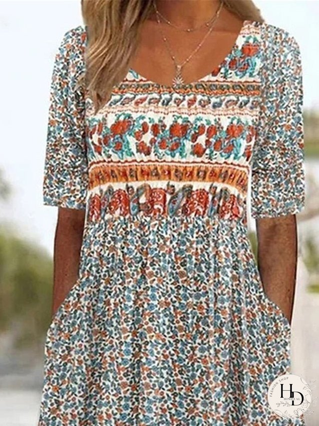 Casual Dress Summer Dress Boho Dress Floral Ruched Pocket Crew Neck Midi Dress Fashion Modern Outdoor Daily Short Sleeve Regular Fit Pink Dark Blue Light Blue Summer Spring S M L XL XXL for Women