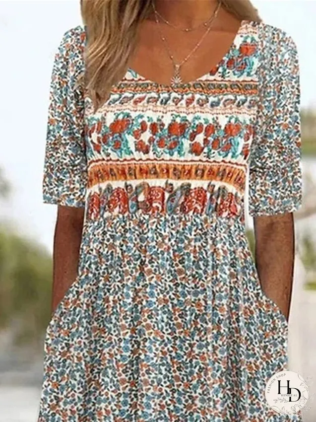 Casual Dress Summer Dress Boho Dress Floral Ruched Pocket Crew Neck Midi Dress Fashion Modern Outdoor Daily Short Sleeve Regular Fit Pink Dark Blue Light Blue Summer Spring S M L XL XXL for Women