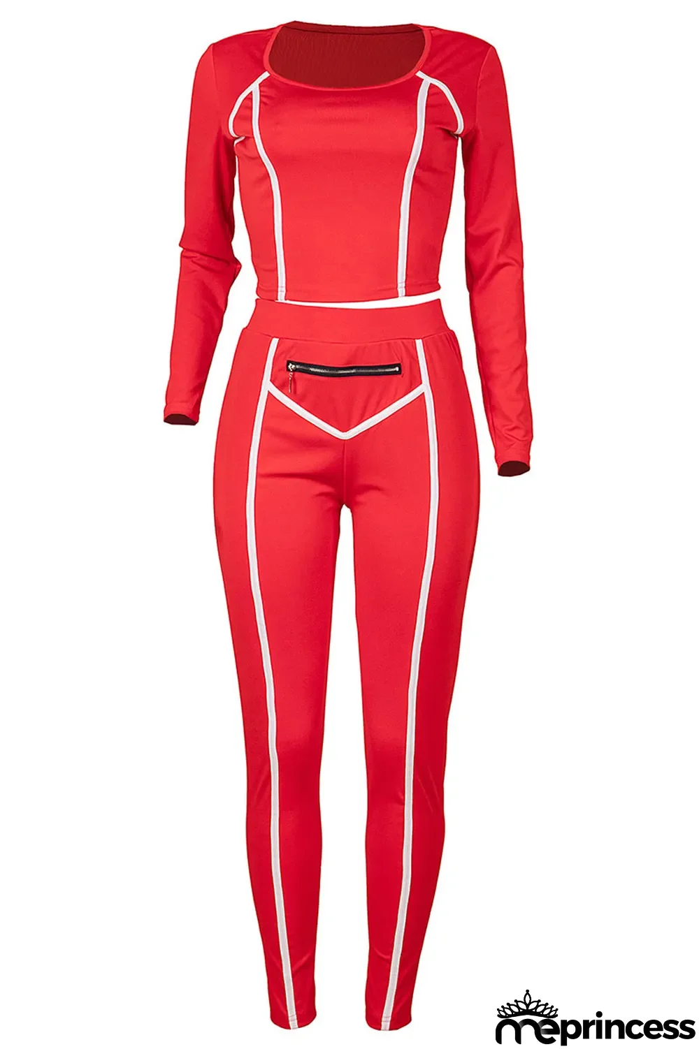 Tangerine Red Casual Solid Split Joint Zipper U Neck Long Sleeve Two Pieces