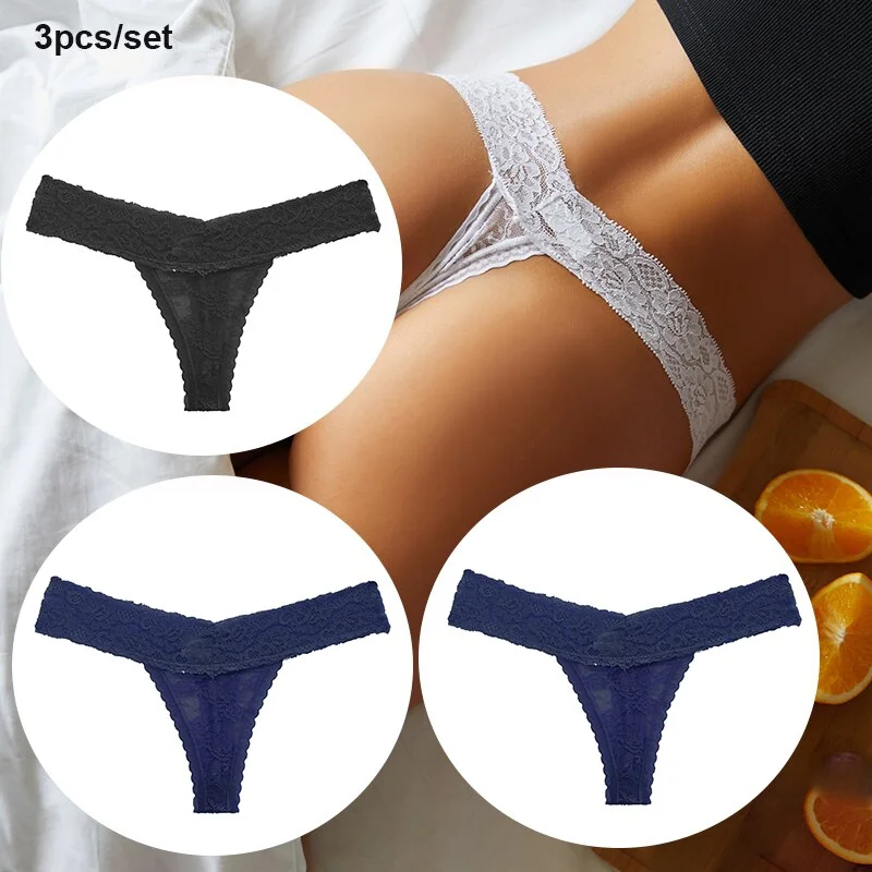 FINETOO 3PCS/Set Women Lace Sexy G-string Perspective Lingerie Temptation Panties Thong Underwear Panty Female Intimates M-XL