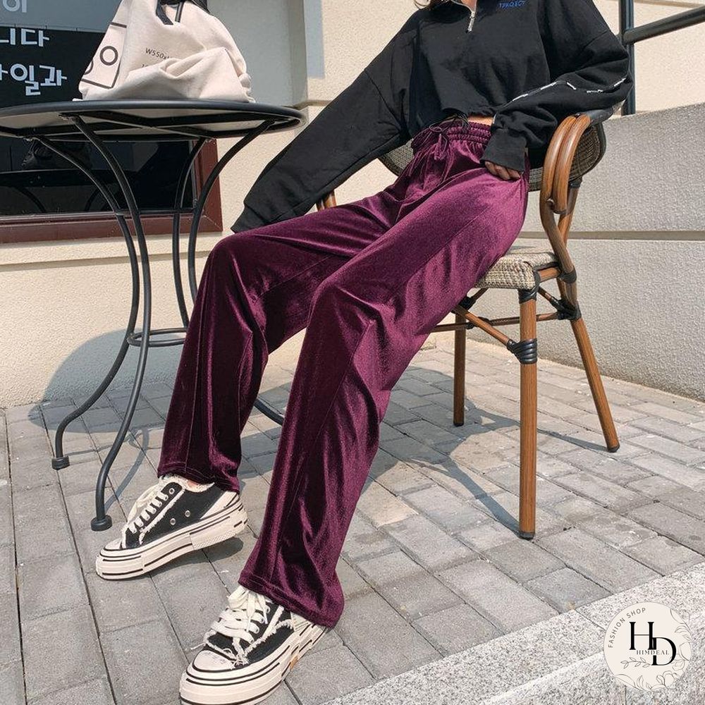 Elastic Waist Plain Loose Velvet Pants