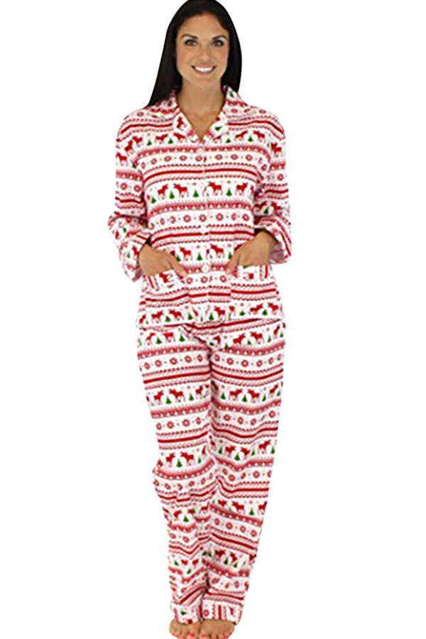 Womens Long Sleeve Reindeer Printed Two-piece Christmas Pajamas White-elleschic