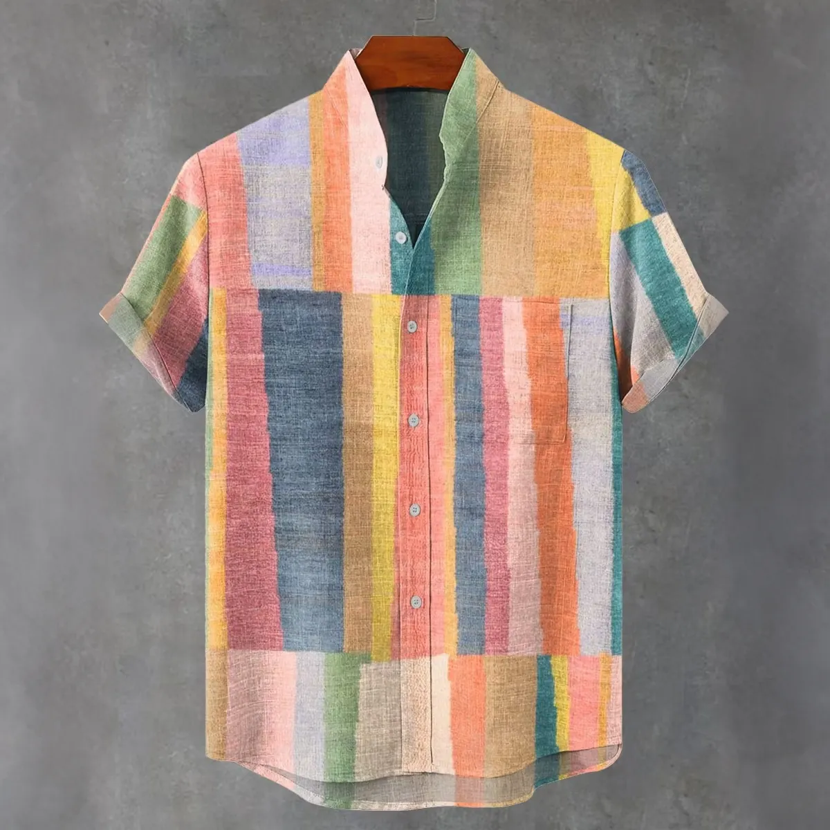Men's Vintage Geometry Color Mosaic Abstract Simplicity Pattern Design Linen Blend Short-sleeve Shirt  artssus