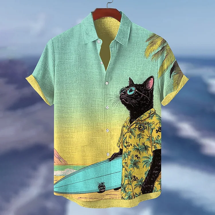 Simpfit Coolstes Herren-Kurzarmhemd mit schwarzer Katze und Surf-Kunstdruck für den Urlaub