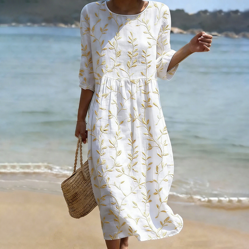 Comstylish Vintage Floral Art Pattern Linen Blend Loose Three-quarter Sleeve Dress