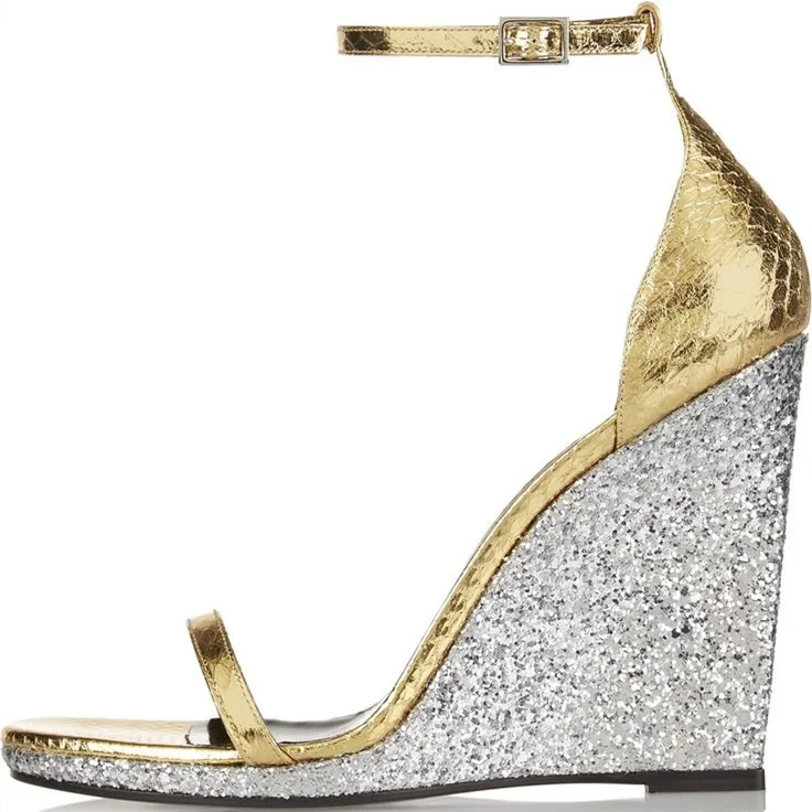 Gold and Silver Wedge Heel Ankle Strap Sandals Vdcoo