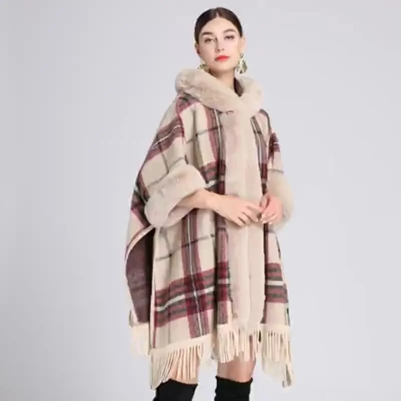 Hooded Shawl Coat With Fur Collar Plaid Coat