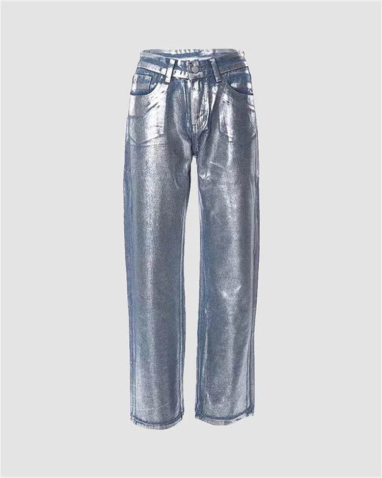 Silver Casual High Waist Denim Jeans