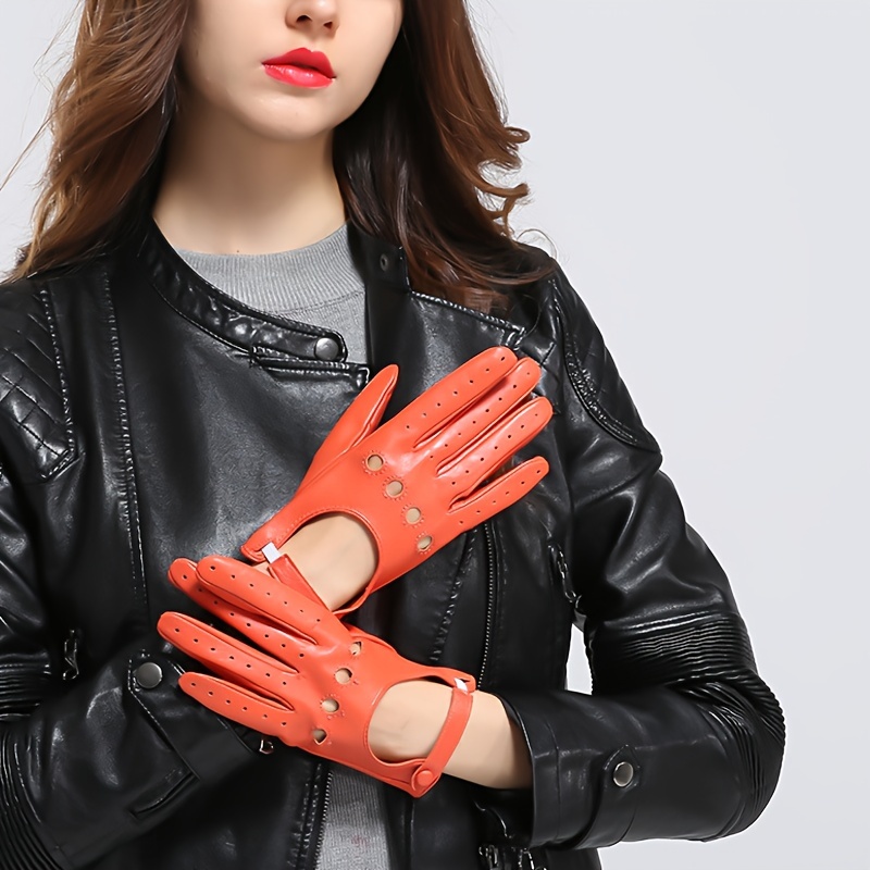 Vintage Genuine Leather Button Gloves Solid Color Hollow Out Sport Gloves Party Prom Dress Up Split Finger Gloves