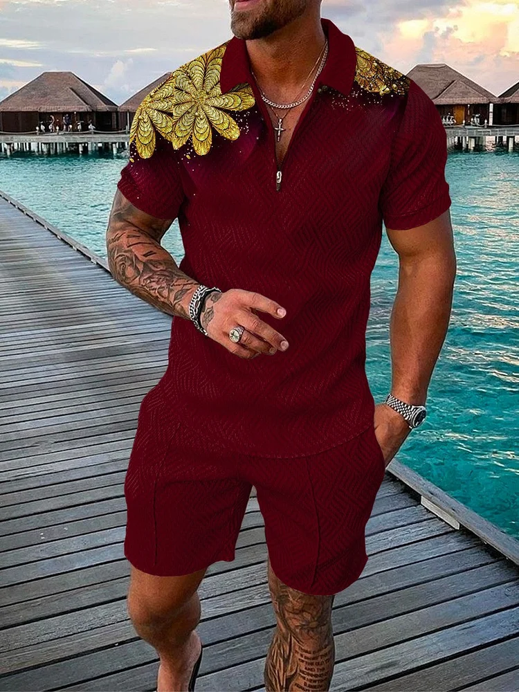 Men's Fashion Printed  Zip Polo Shirt and Shorts Two-Piece Suits