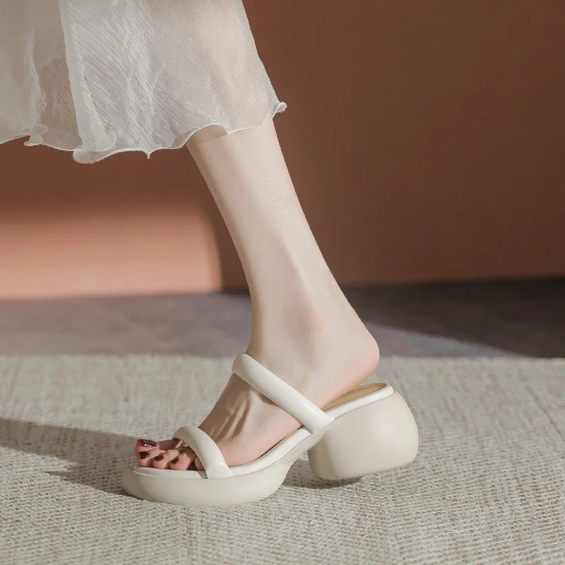 Tanguoant Tanguoant Real Soft Leather Elegant 2024 Simple Thick Bottom Increased A Word Drag Female Summer Fairy High Heels Outside Wear Beach Slippers
