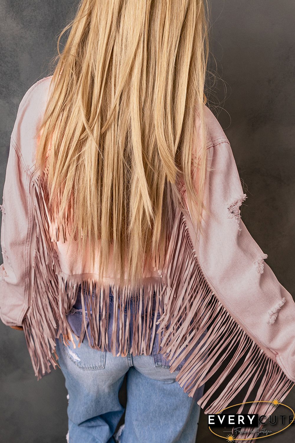Pink Distressed Fringed Cropped Denim Jacket