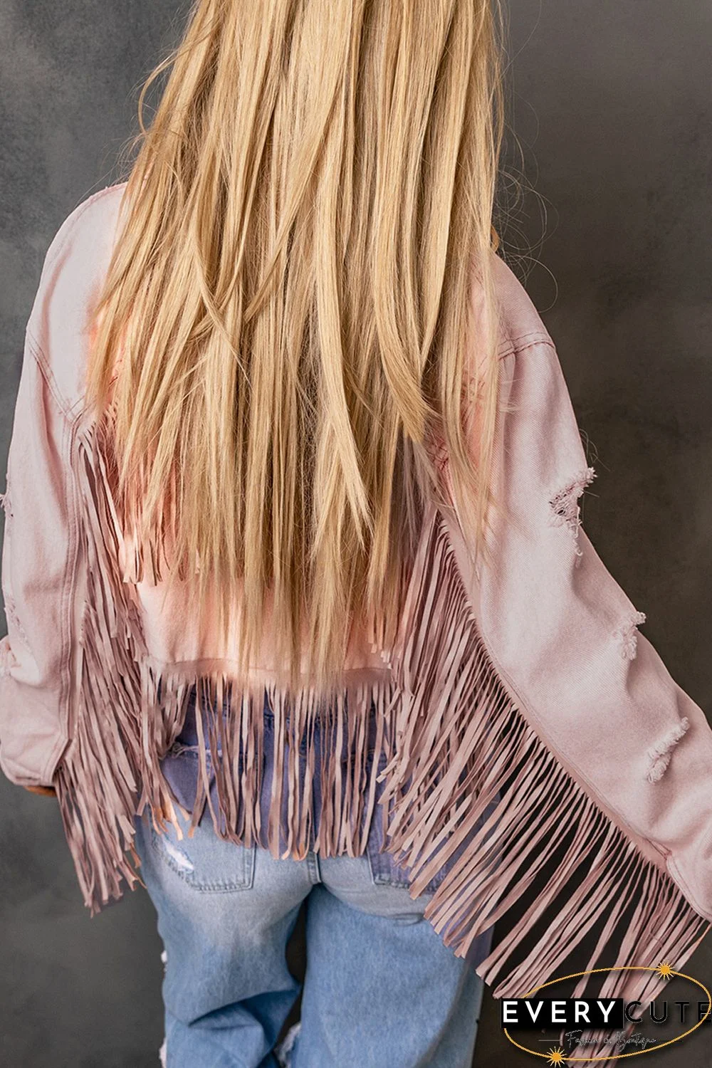Pink Distressed Fringed Cropped Denim Jacket