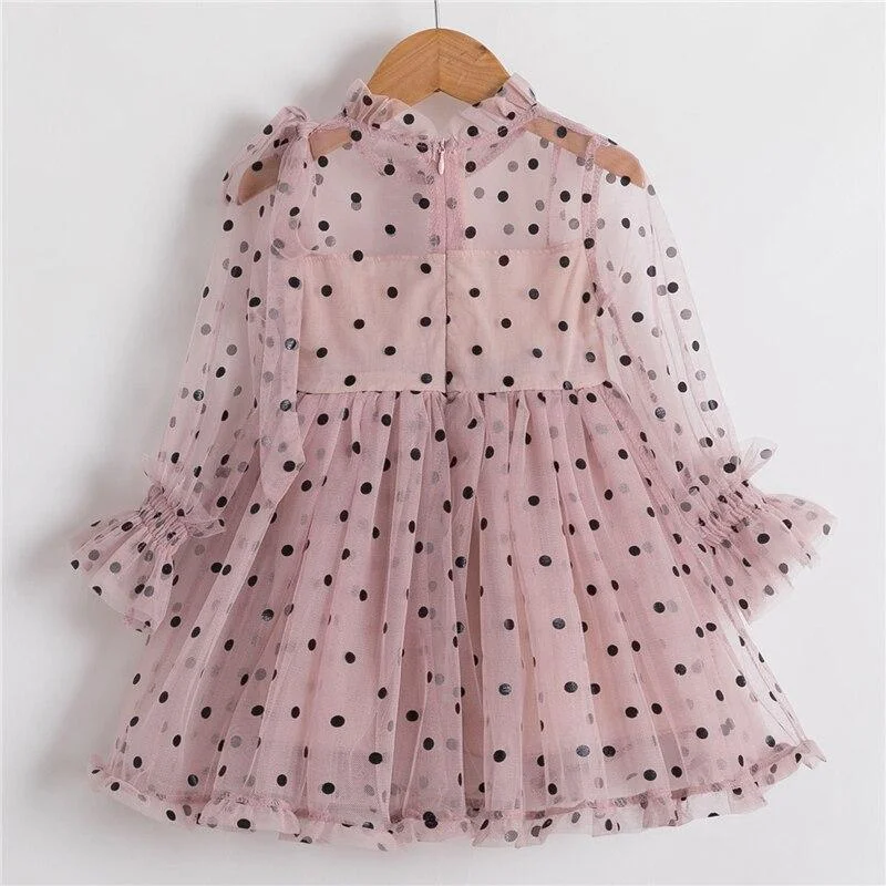 2021 Spring Girls Mesh Dress Dots Printing Girls Prom Evening Dresses for Girls Long Sleeve Bowknot Elegant Party Frock Dress