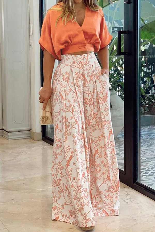 V-neck Allover Print Wide-leg Pants Set