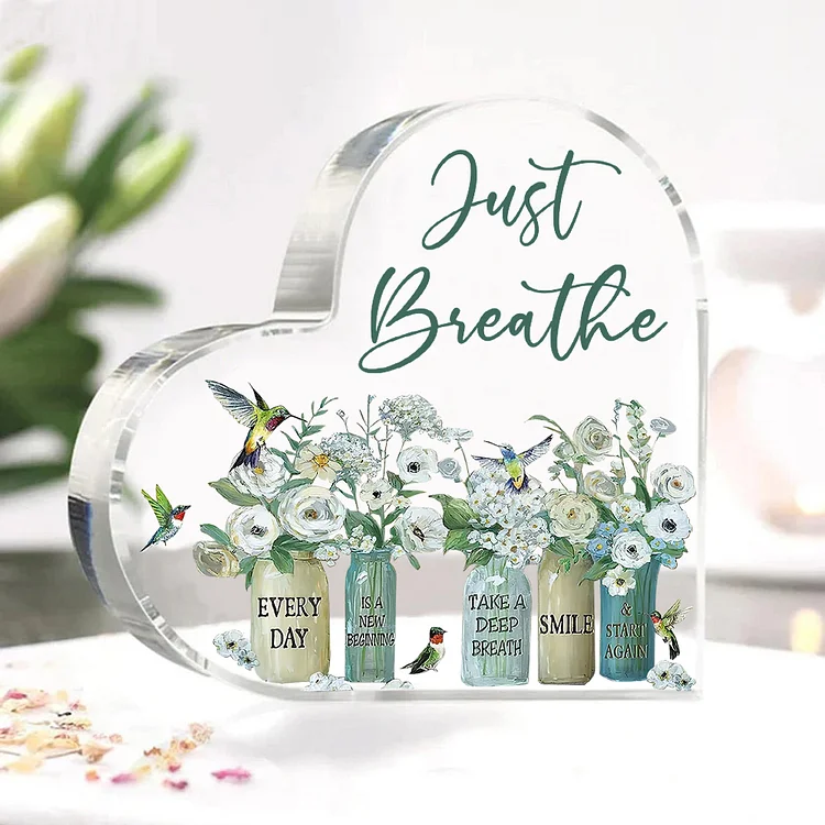 Just Breathe-Inspirational Quotes Mason Jar Acrylic Heart Keepsake Desktop Ornament
