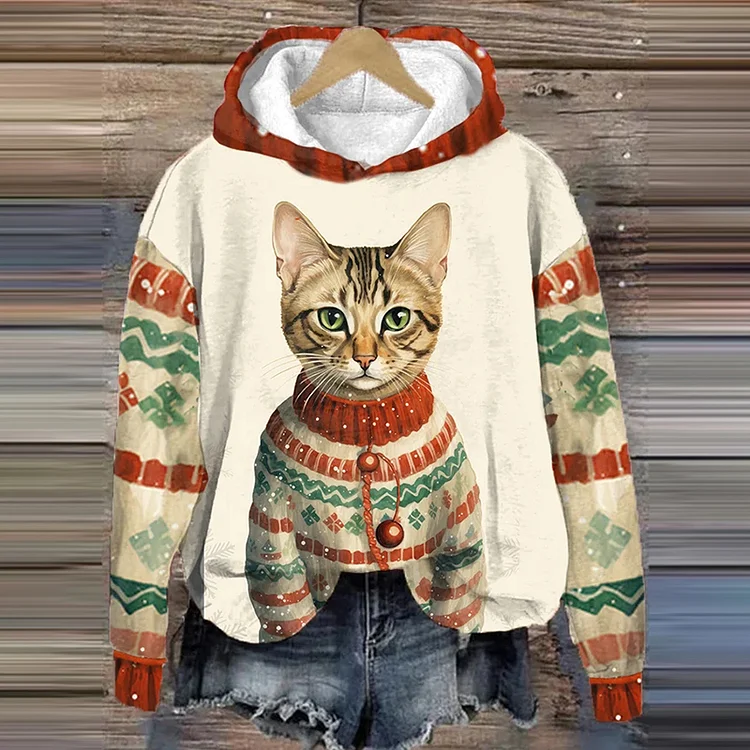 Comstylish Winter Funny Cute Wonderland Clothing Clipart Cat Printed Hooded Sweatshirt