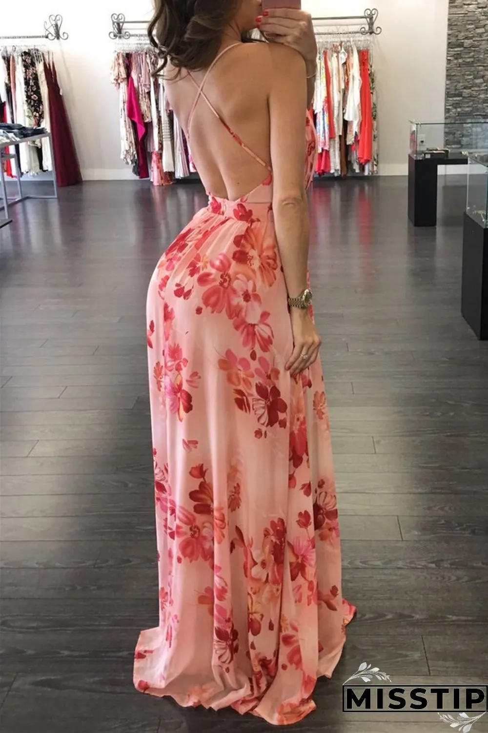 Pink Fashion Casual Print Backless V Neck Sling Dress
