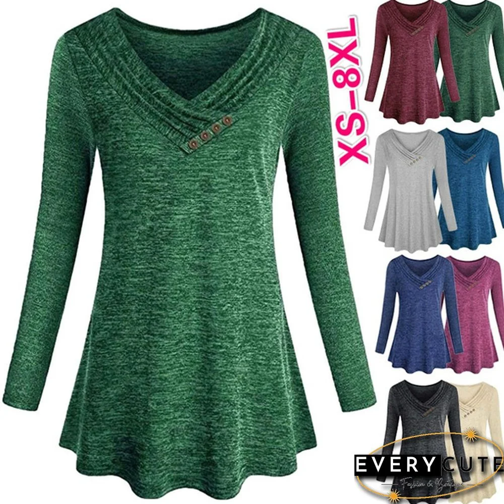 XS-8XL Plus Size Fashion Autumn and Winter Clothes Womens Casual Loose Tops Button Stitching V-neck Long Sleeve Tee Shirts Ladies V-neck Blouses Solid Color Cotton Pullover T-shirts