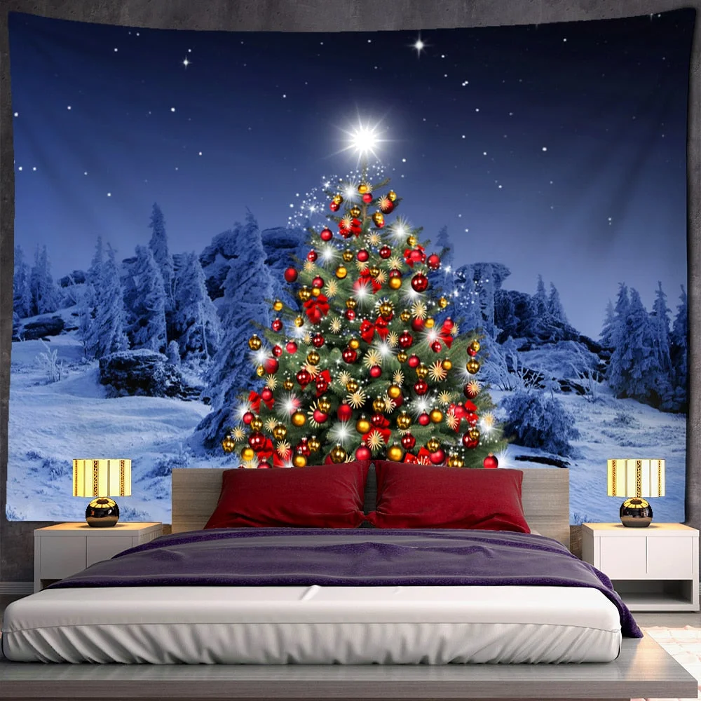 Night View Christmas Tree Tapestry Wall Hanging Holiday New Year Gift Dormitory Background Cloth Bed Curtain Home Decor