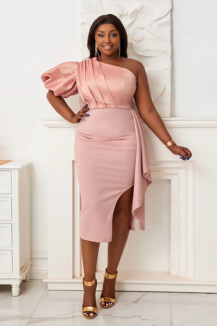 One Puffy Sleeve Folds Sash Midi Prom Dresses
