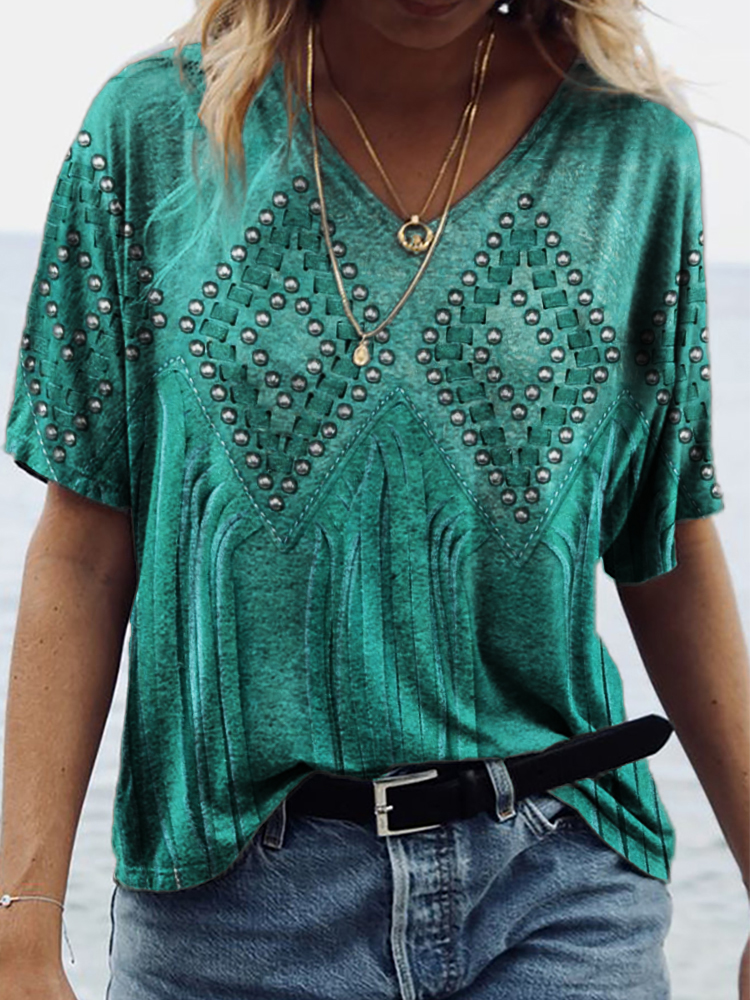  Western Studded Tassels V Neck T Shirt Westsshops
