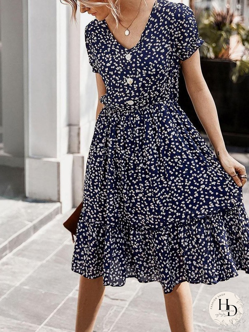 All Over Print Frill Trim Dress for Women