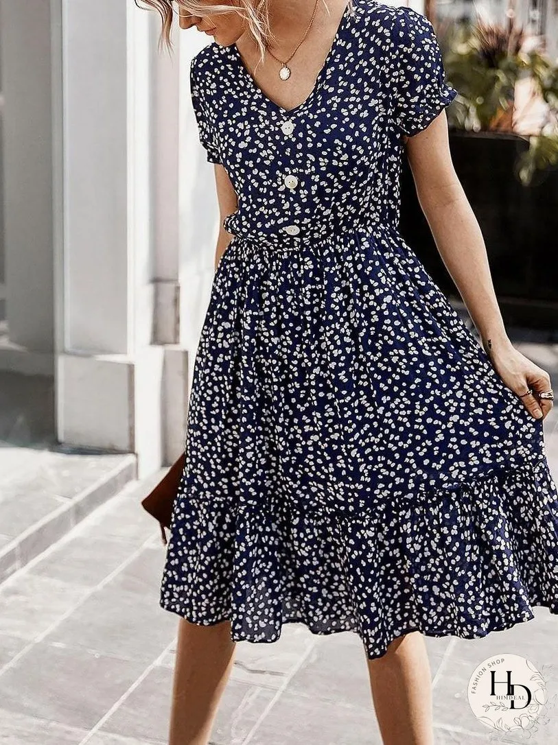 All Over Print Frill Trim Dress for Women