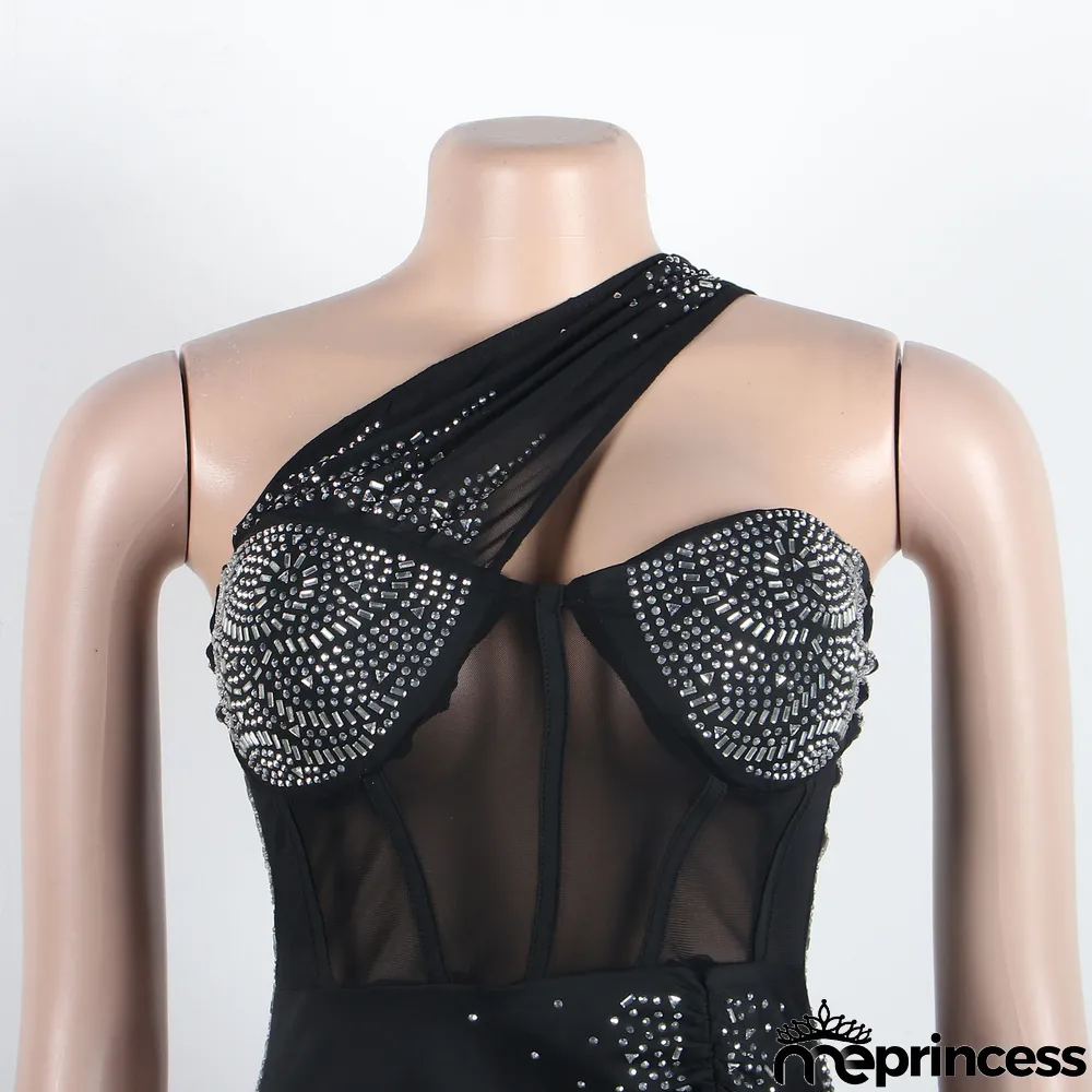 Sexy Slim Beaded Slash Shoulder Bodycon Dress