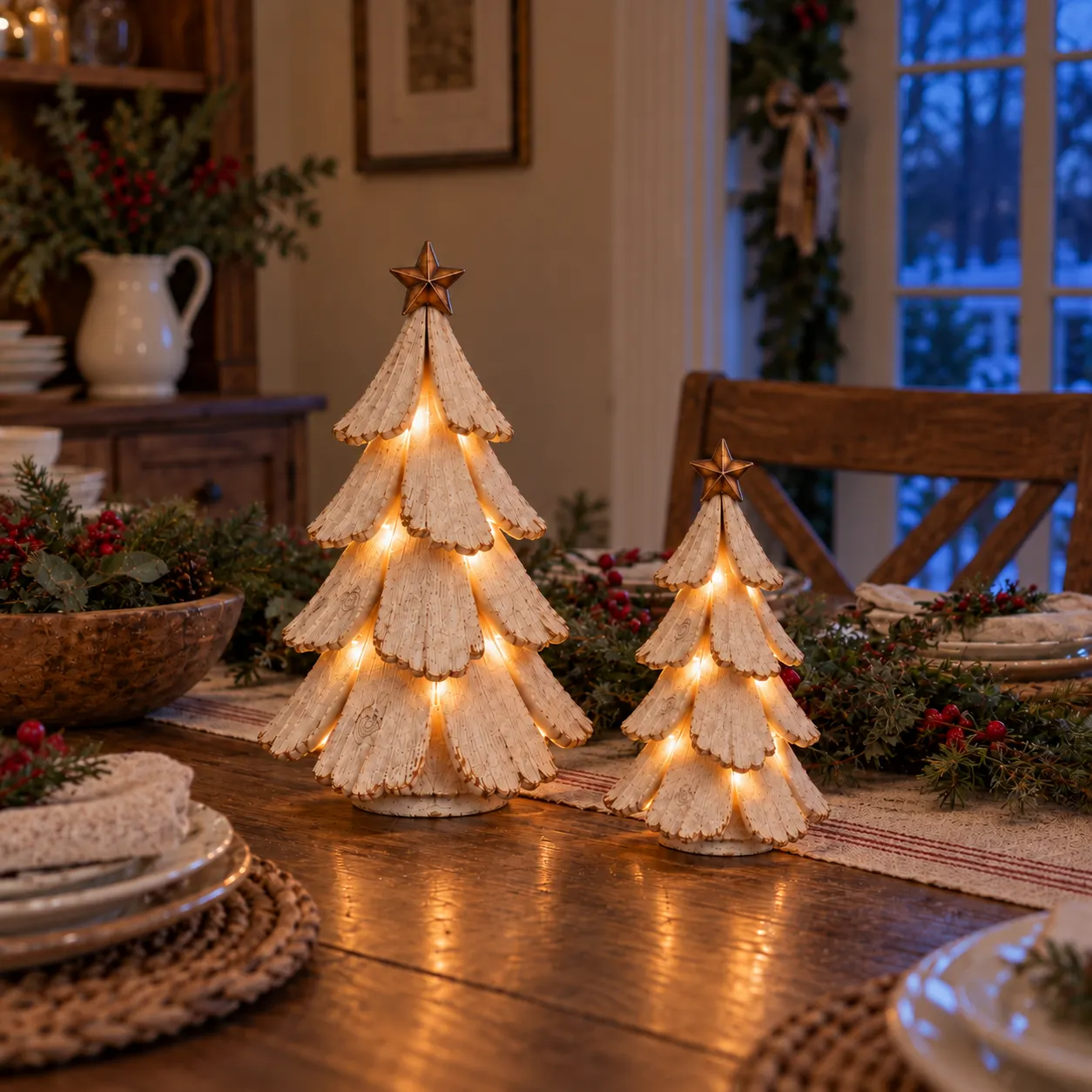 Two vintage lighted Christmas trees on a dining table