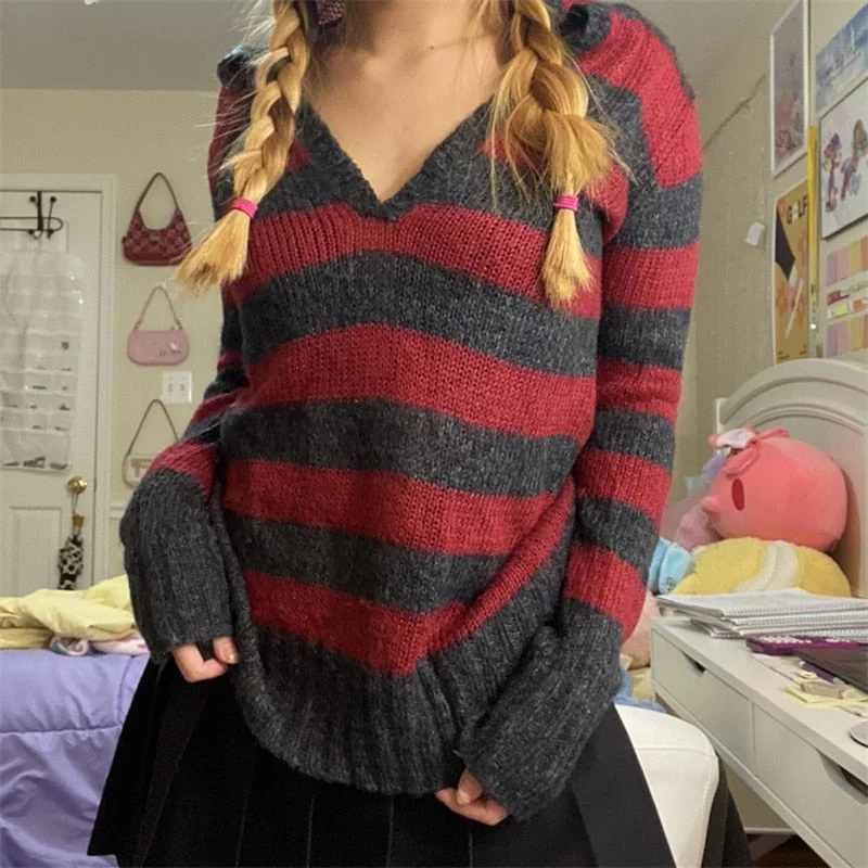 Kawaii Striped Knitted Sweaters Women Elegant Oversized Pullovers Harajuku Sweater Tops Punk Fairy Grunge Streetwear