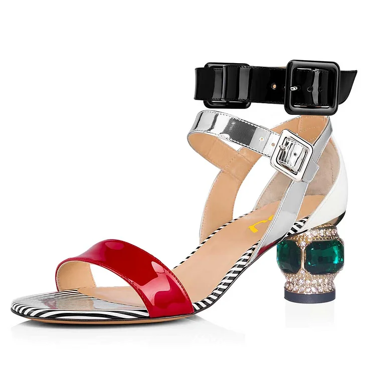 Multicolor Patent Leather Buckle Rhinestone Chunky Ankle Strap Sandals |FSJ Shoes