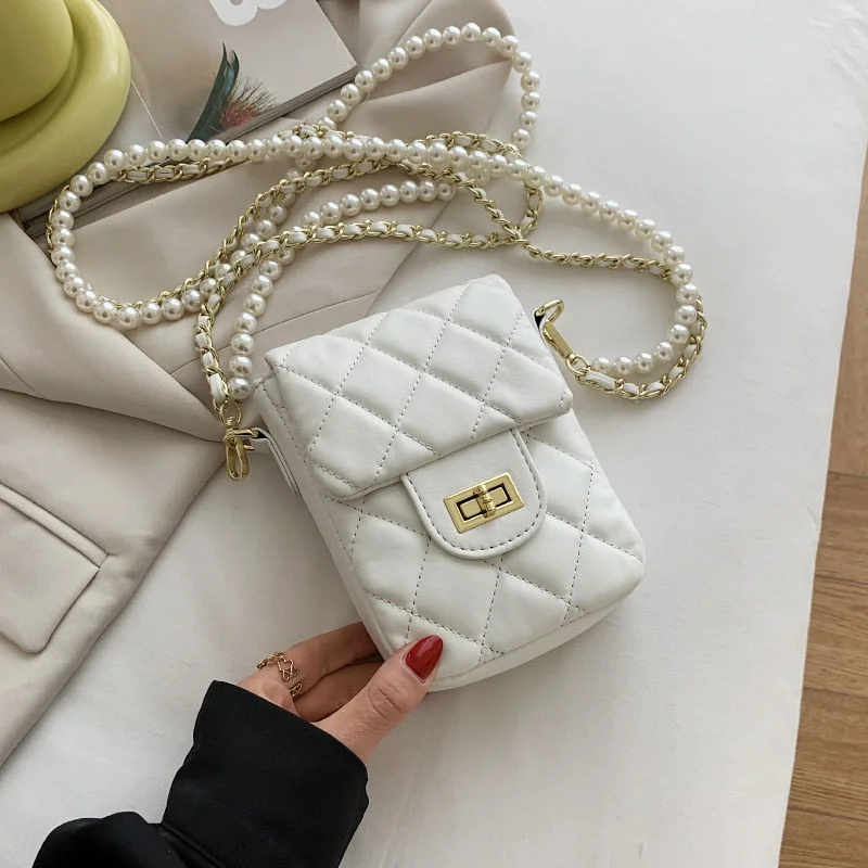 էѧӧܧ Pearl Chain Design PU Leather Crossbody Bags For Women 2021 Summer Shoulder Handbags Purses Lady Party Purses