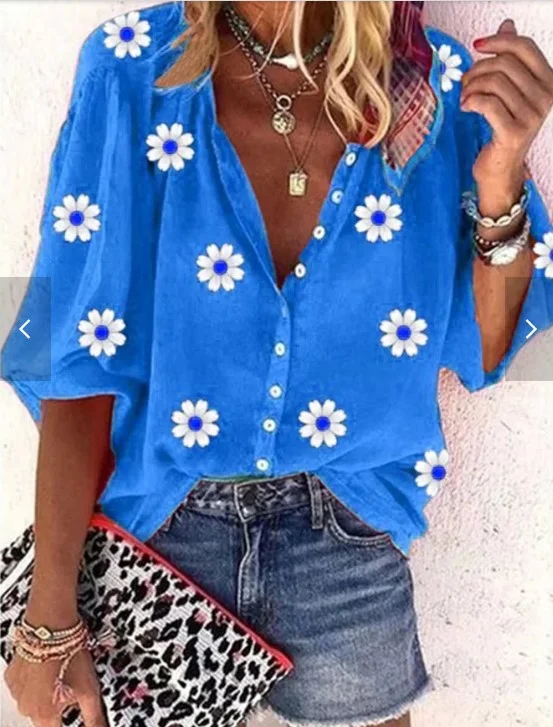 Women's - Casual Daisy Loose V neck Three Quarter Peasant Blouse