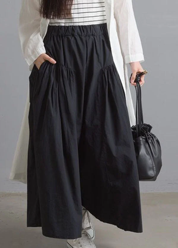 Modern Black Elastic Waist Wrinkled Cotton Wide Leg Pants Spring