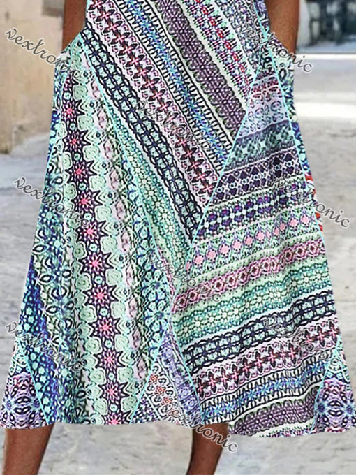 Women Short Sleeve Scoop Neck Floral Printed Stitching Maxi Dress