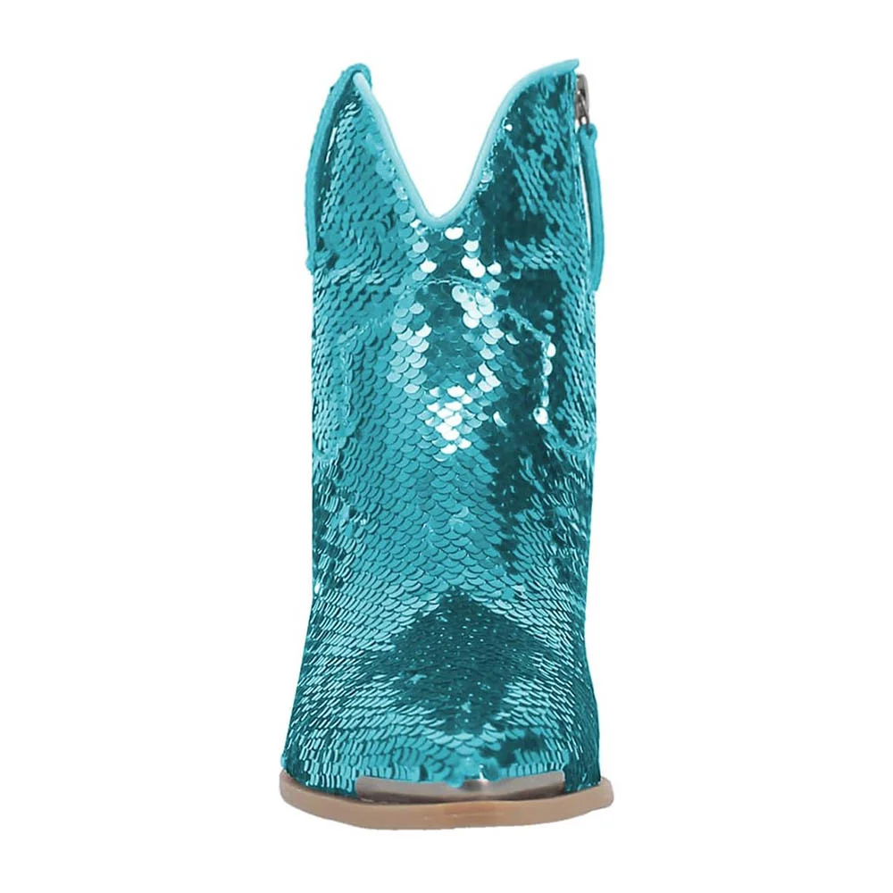 Sparkly Teal Snip Toe Chunky Heel Side Zipper Sequin Cowboy Boots