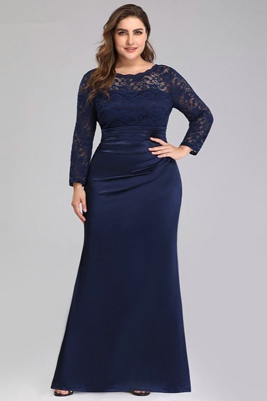 Navy Blue Long Sleeve Lace Mermaid Plus Size Evening Prom Dress - lulusllly